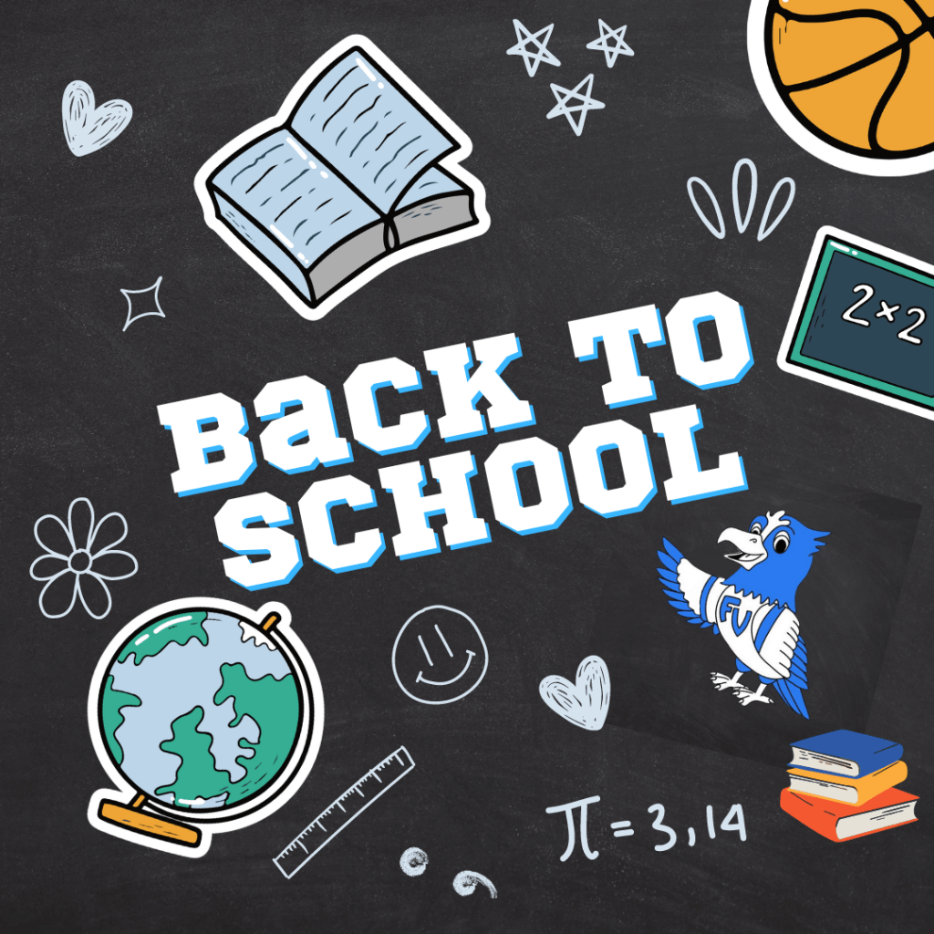 Back to school image. On chalkboard, featuring the phrase "Back to School", and the falcon mascot.
