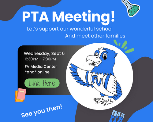 A cute graphic, featuring the Forest View Falcon, depicting details for the September 6, 2023 meeting.