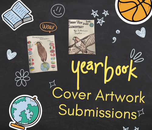 graphic design featuring a chalkboard background, with chalk doodles, and the title "Yearbook Cover Artwork Submissions"