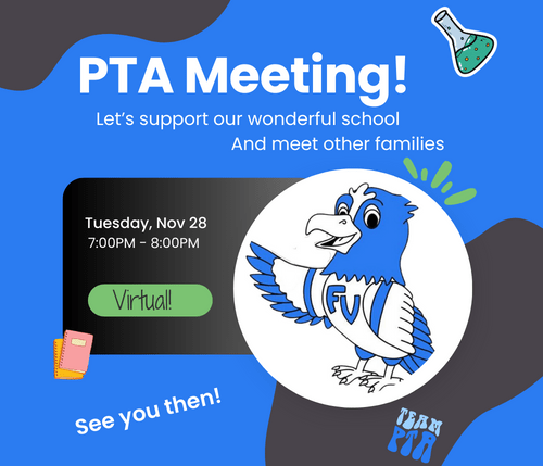 Cute graphic for upcoming pta meeting. states the date, time and that it is virtual.